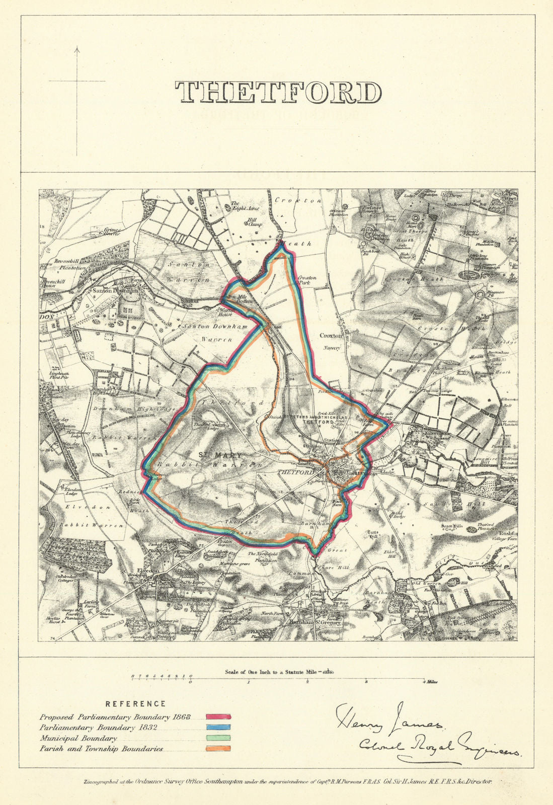 Thetford, Norfolk. JAMES. Parliamentary Boundary Commission 1868 old map